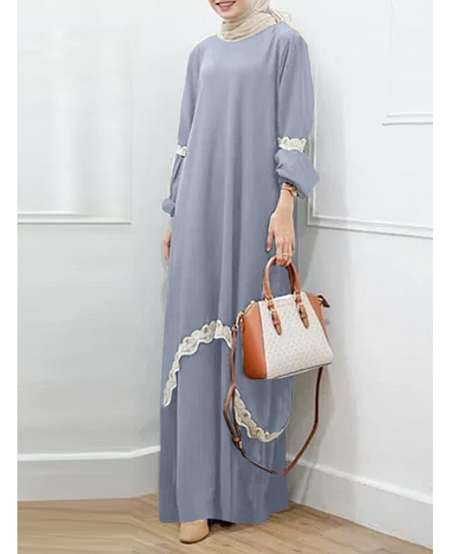 Women Lace Kaftan Tunic Solid Color Ankle Length Casual Midi Dresses - Navy M