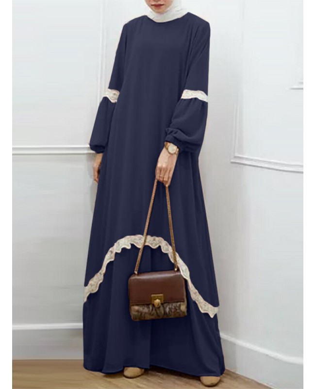 Women Lace Kaftan Tunic Solid Color Ankle Length Casual Midi Dresses - Navy M