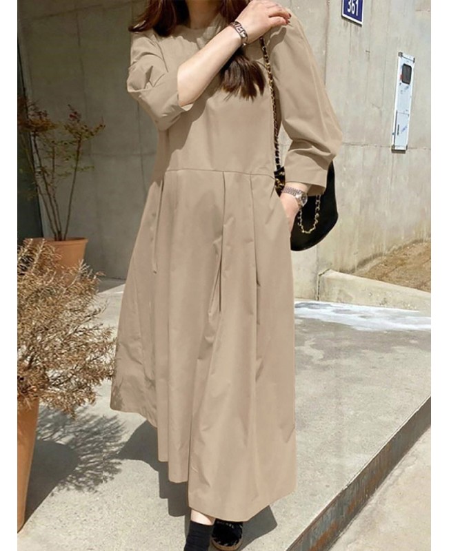 Women Long Sleeve Shirt Pockets Solid Ankle Length Midi Dresses - Black 2XL