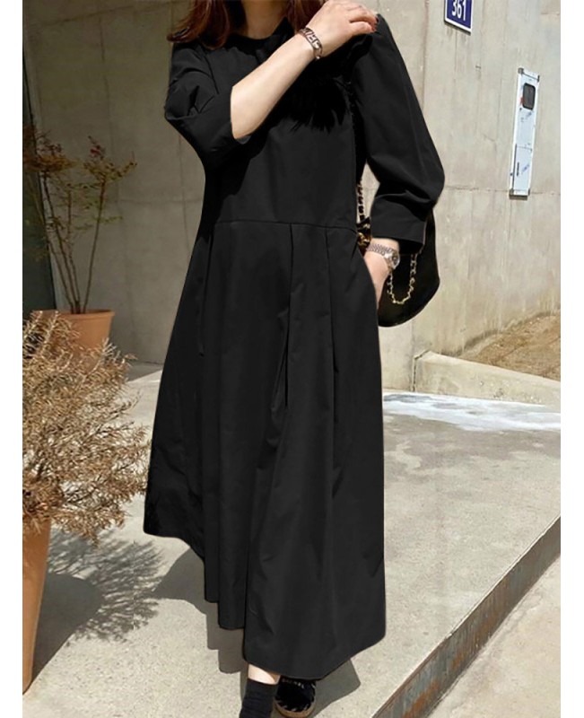 Women Long Sleeve Shirt Pockets Solid Ankle Length...