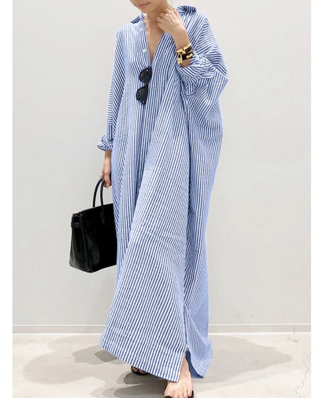 Women Long Sleeve Solid Color Striped Ankle Length...