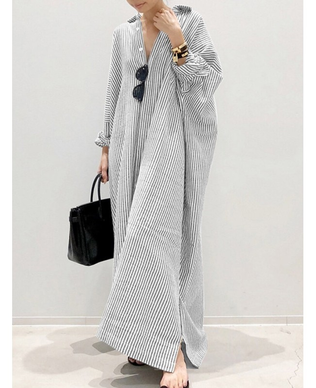 Women Long Sleeve Solid Color Striped Ankle Length...