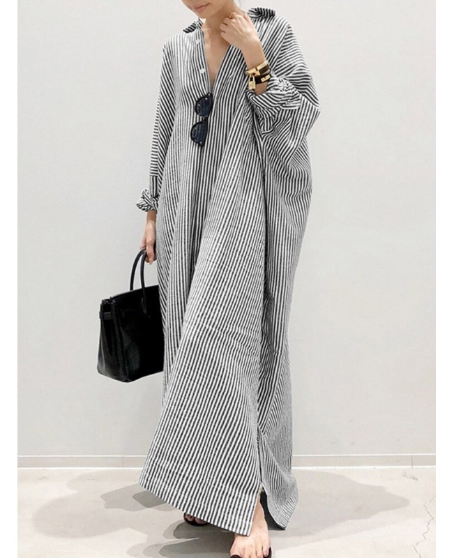 Women Long Sleeve Solid Color Striped Ankle Length Lapel Collar Midi Dresses - Black S