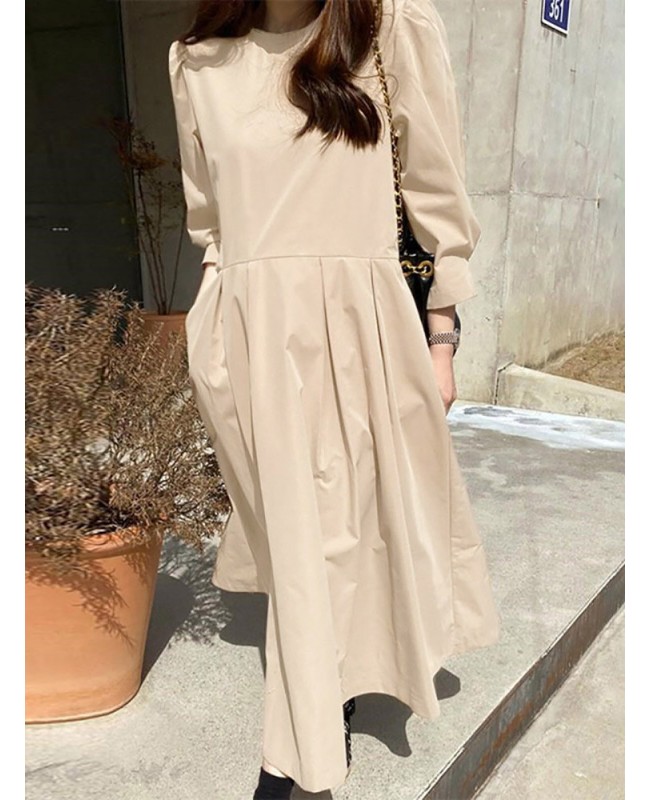 Women Long Sleeve Shirt Pockets Solid Ankle Length Midi Dresses - Black 2XL