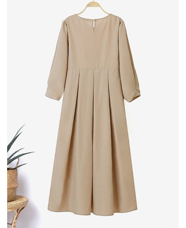 Women Long Sleeve Shirt Pockets Solid Ankle Length Midi Dresses - Black 2XL