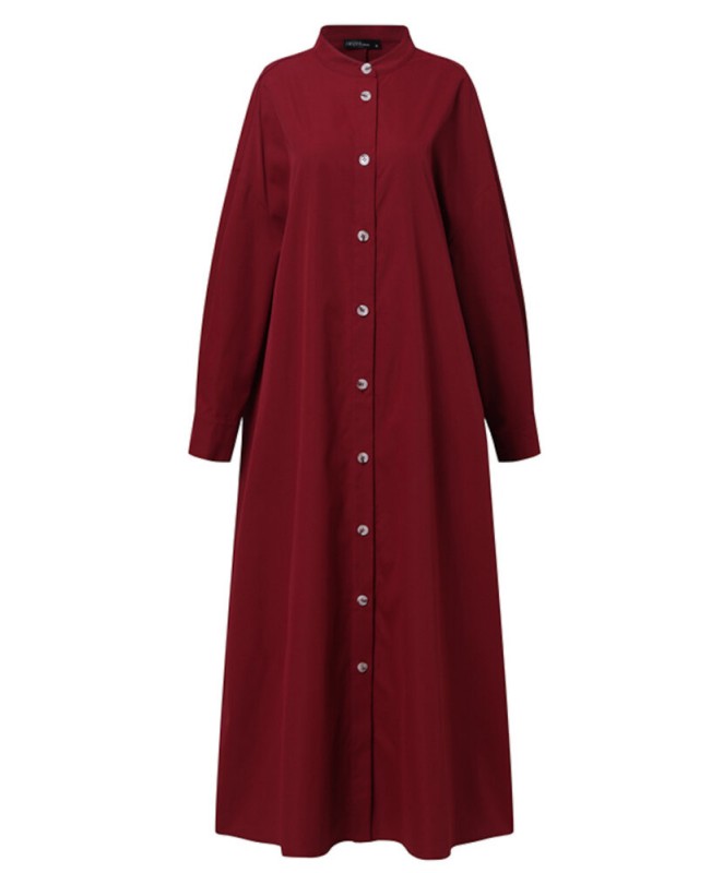 Women Long Sleeve Shirt Dresses Solid Color Button Cuffs Calf Length Casual Midi Dresses - Black S