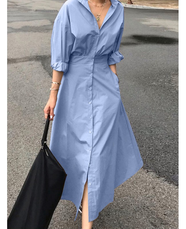 Women Puff Sleeve Pleated Solid Color Lapel Collar Buttons Calf Length Midi Dresses - blue S
