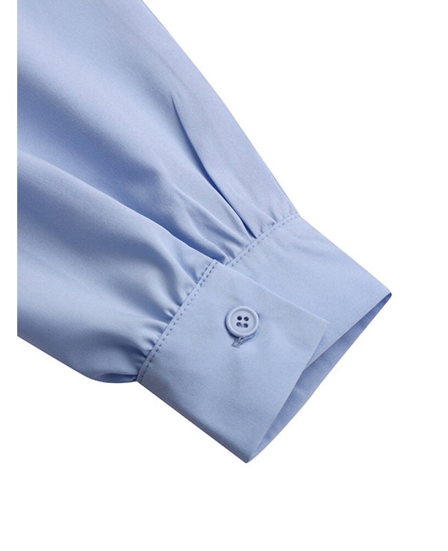 Women Puff Sleeve Pleated Solid Color Lapel Collar Buttons Calf Length Midi Dresses - blue S