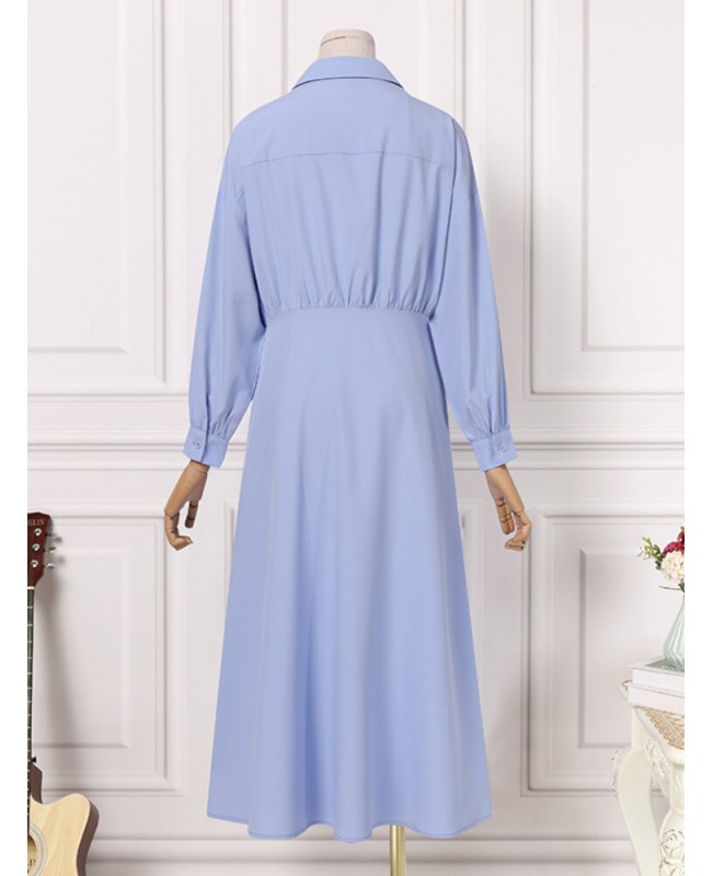 Women Puff Sleeve Pleated Solid Color Lapel Collar Buttons Calf Length Midi Dresses - blue S