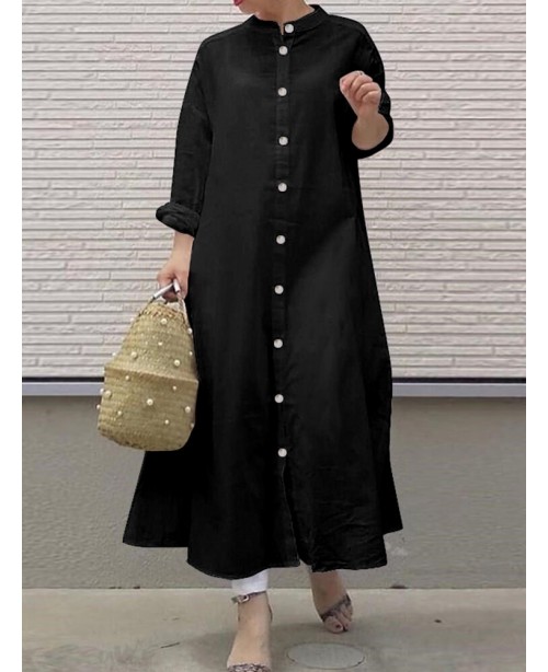 Women Long Sleeve Shirt Dresses Solid Color Button...