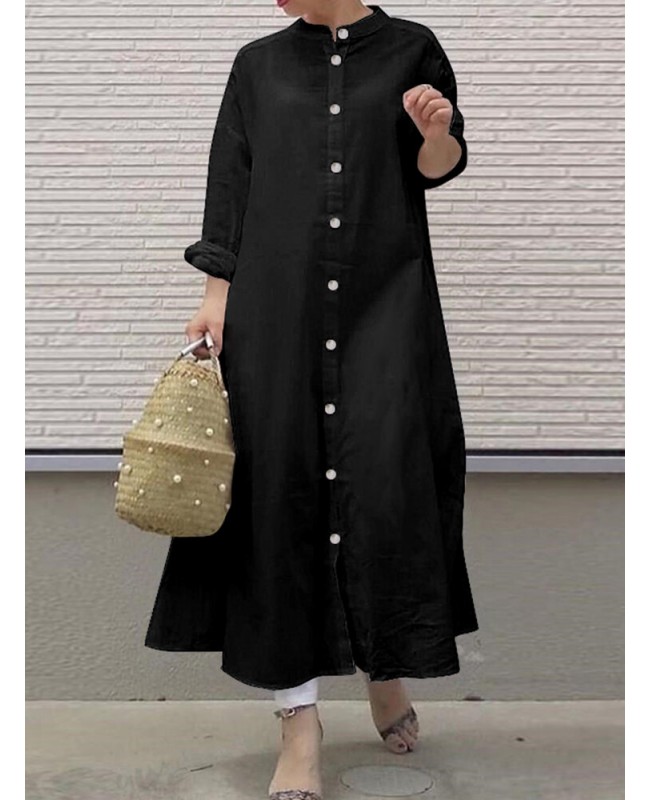 Women Long Sleeve Shirt Dresses Solid Color Button...