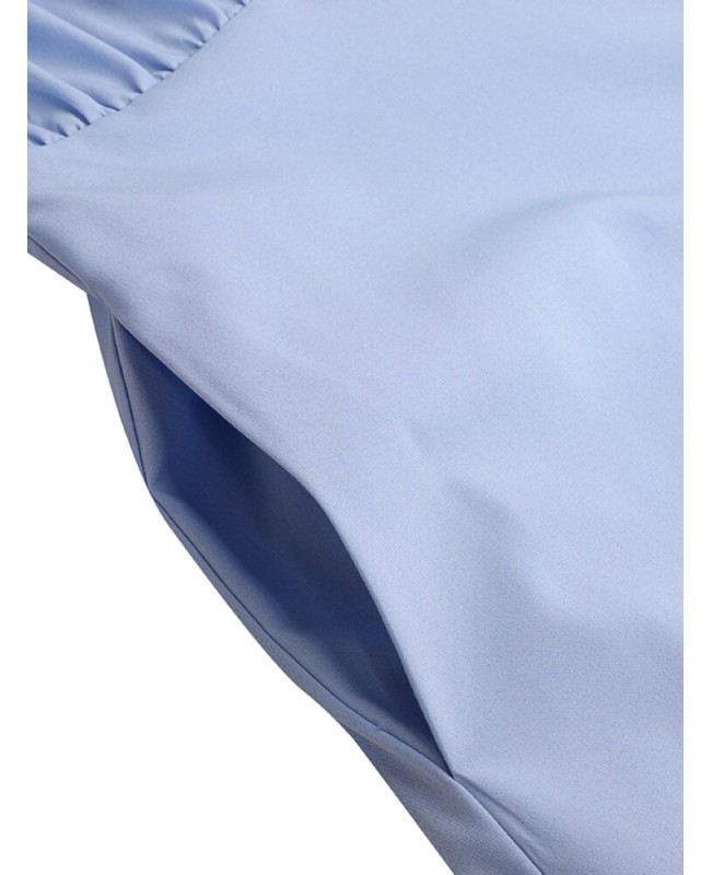 Women Puff Sleeve Pleated Solid Color Lapel Collar Buttons Calf Length Midi Dresses - blue S