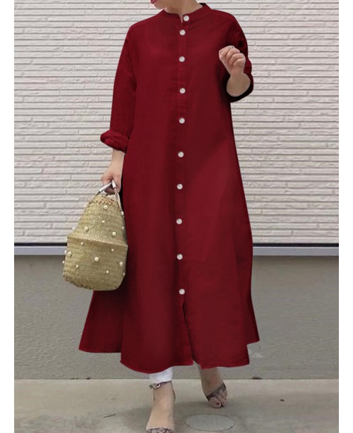 Women Long Sleeve Shirt Dresses Solid Color Button...