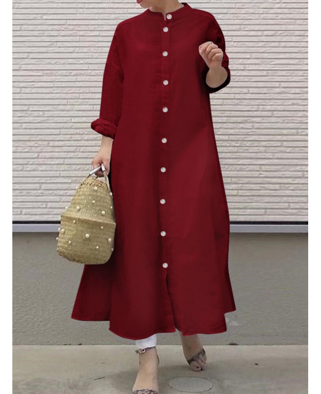 Women Long Sleeve Shirt Dresses Solid Color Button...