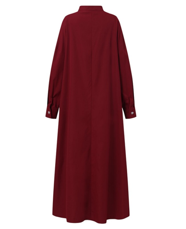 Women Long Sleeve Shirt Dresses Solid Color Button Cuffs Calf Length Casual Midi Dresses - Black S