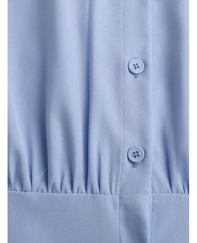 Women Puff Sleeve Pleated Solid Color Lapel Collar Buttons Calf Length Midi Dresses - blue S