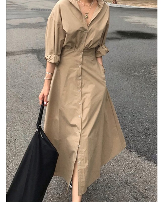 Women Puff Sleeve Pleated Solid Color Lapel Collar...