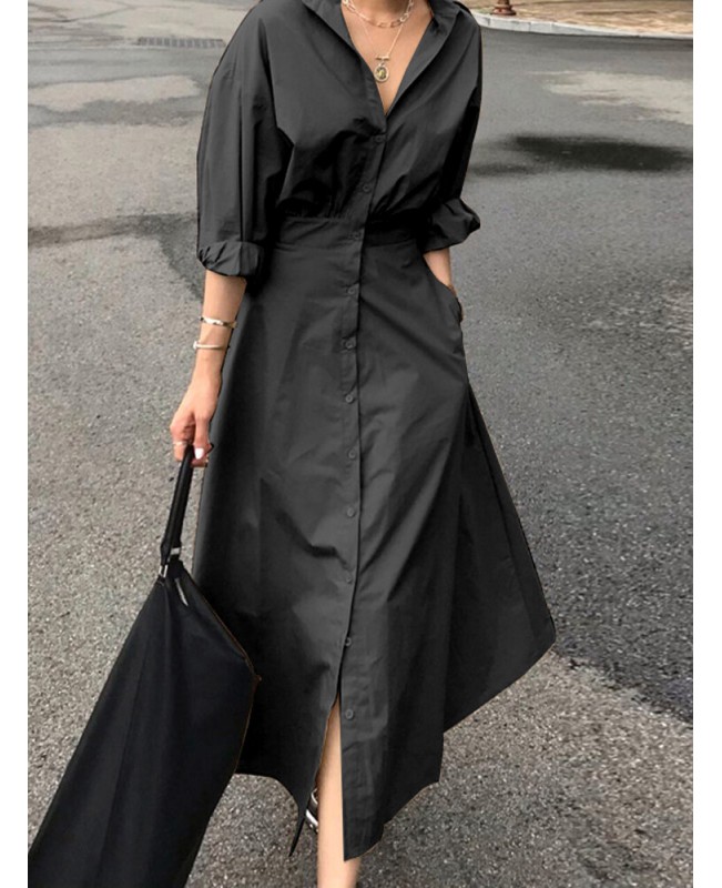 Women Puff Sleeve Pleated Solid Color Lapel Collar...