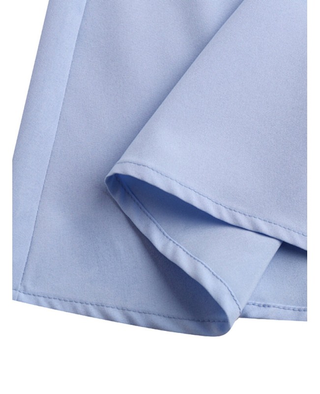 Women Puff Sleeve Pleated Solid Color Lapel Collar Buttons Calf Length Midi Dresses - blue S