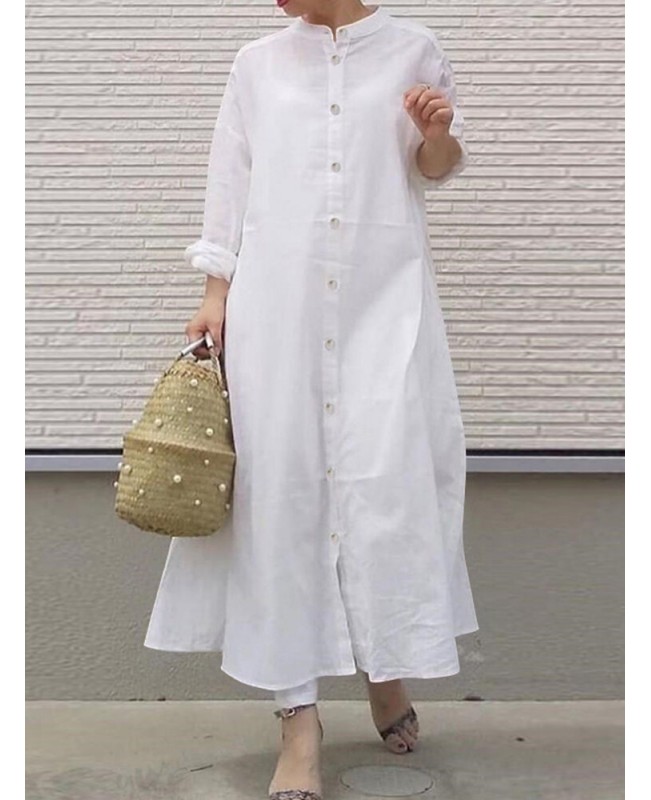 Women Long Sleeve Shirt Dresses Solid Color Button Cuffs Calf Length Casual Midi Dresses - Black S
