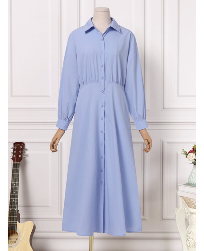 Women Puff Sleeve Pleated Solid Color Lapel Collar Buttons Calf Length Midi Dresses - blue S