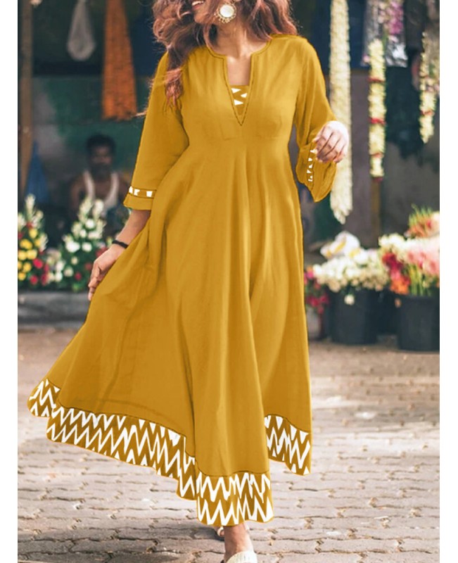 Women Geometric Flare Sleeve Spliced Back Zipper V-Neck Midi Dresses - Yellow S