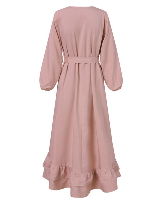 Women Long Sleeve Solid Ruffles Hem Abaya Kaftan Pleats Button Midi Dresses - Yellow 2XL