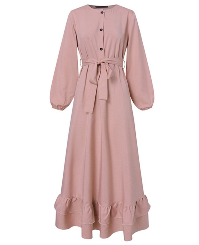Women Long Sleeve Solid Ruffles Hem Abaya Kaftan Pleats Button Midi Dresses - Yellow 2XL