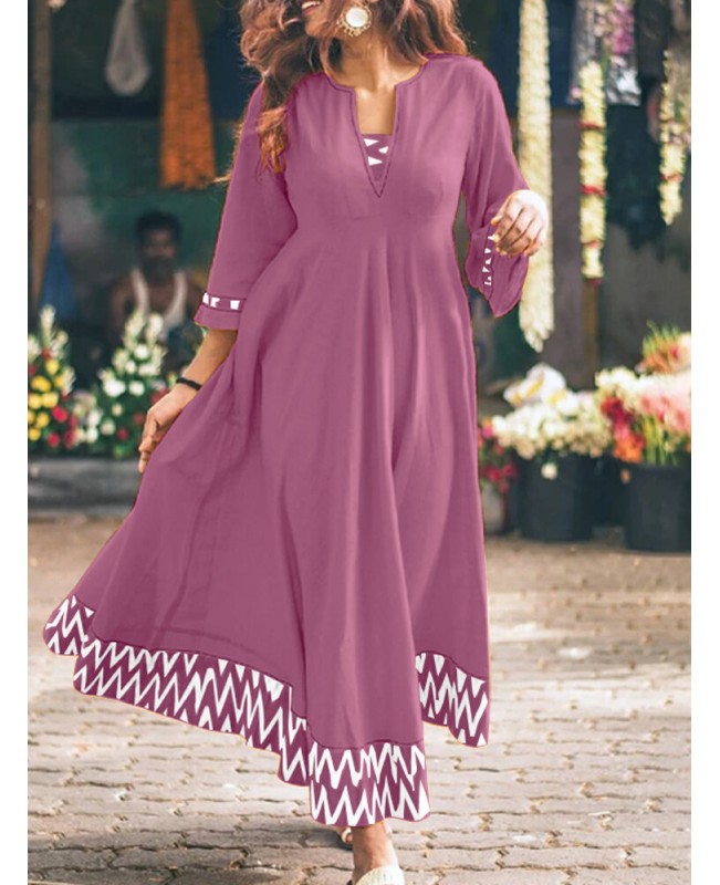 Women Geometric Flare Sleeve Spliced Back Zipper V-Neck Midi Dresses - Yellow S
