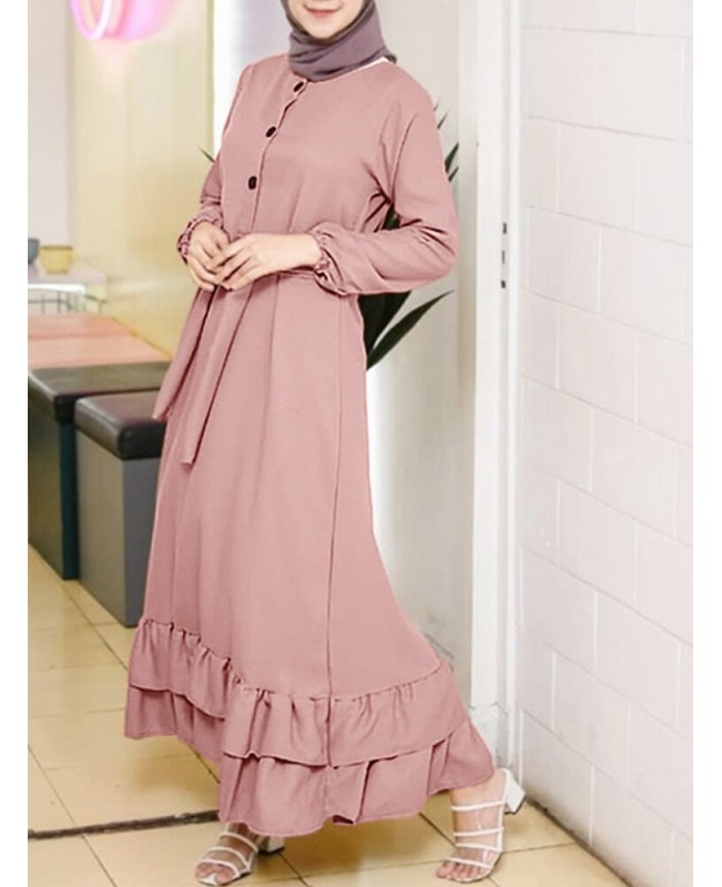 Women Long Sleeve Solid Ruffles Hem Abaya Kaftan P...