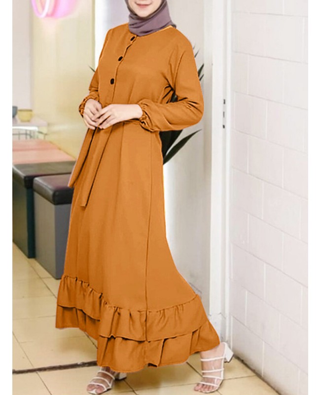 Women Long Sleeve Solid Ruffles Hem Abaya Kaftan Pleats Button Midi Dresses - Yellow 2XL