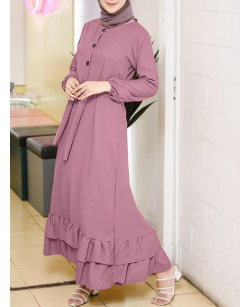 Women Long Sleeve Solid Ruffles Hem Abaya Kaftan P... Women Long Sleeve Solid Ruffles Hem Abaya Kaftan P...
