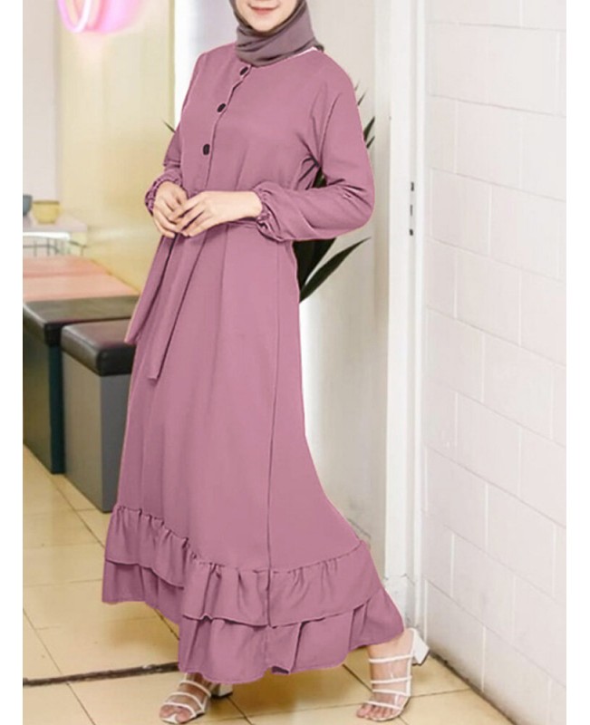 Women Long Sleeve Solid Ruffles Hem Abaya Kaftan P...