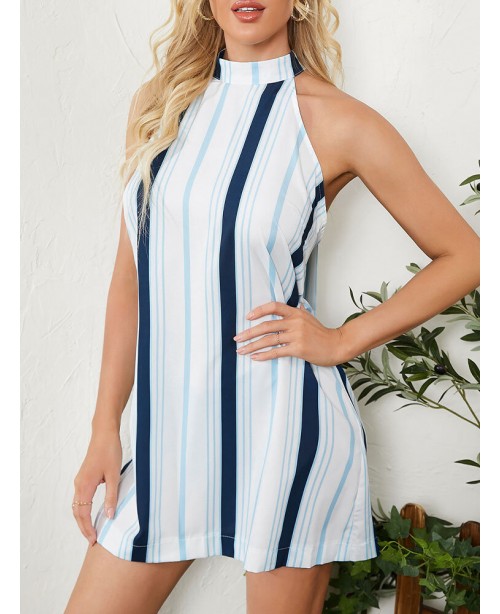 Stripe Print Halter Open Back Sleeveless Mini Dres...