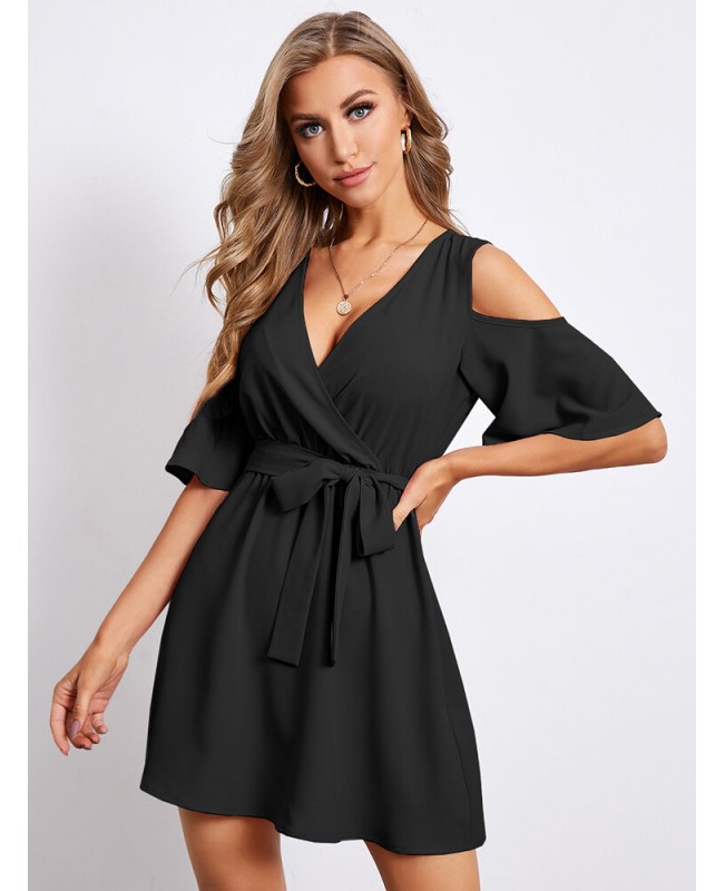 Solid Belt Off The Shoulder Cross Wrap Bell Sleeve Casual Dress - Black XS