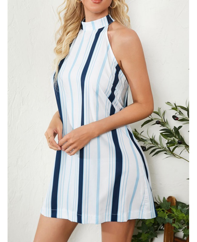 Stripe Print Halter Open Back Sleeveless Mini Dress - White L