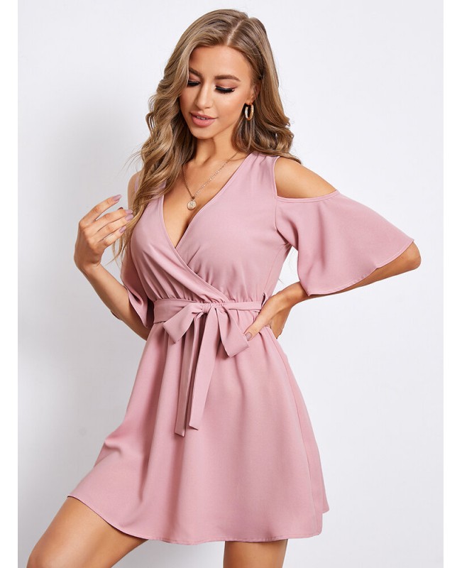 Solid Belt Off The Shoulder Cross Wrap Bell Sleeve Casual Dress - Black XS