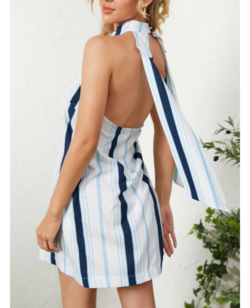 Stripe Print Halter Open Back Sleeveless Mini Dres...