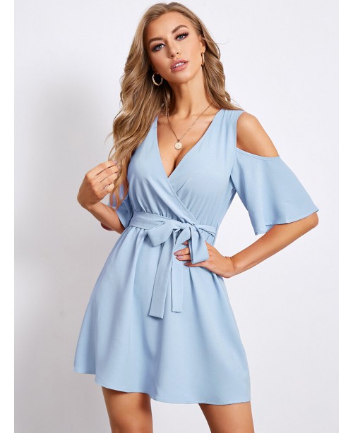 Solid Belt Off The Shoulder Cross Wrap Bell Sleeve...