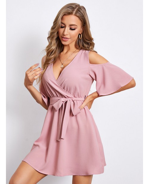 Solid Belt Off The Shoulder Cross Wrap Bell Sleeve...