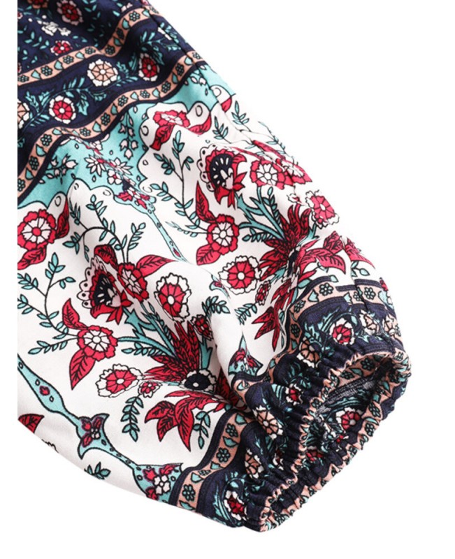 V-Neck Floral Printed Elastic Cuff Leisure Bohemian Dress For Women - White 4XL