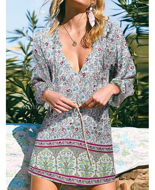V-Neck Floral Printed Elastic Cuff Leisure Bohemian Dress For Women - White 4XL