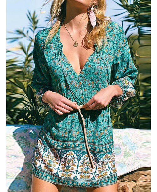 V-Neck Floral Printed Elastic Cuff Leisure Bohemia...
