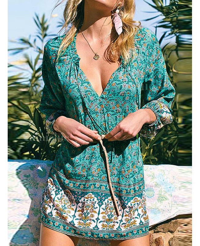 V-Neck Floral Printed Elastic Cuff Leisure Bohemian Dress For Women - White 4XL