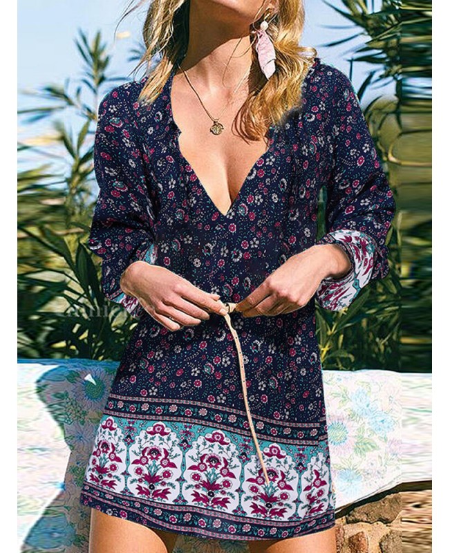 V-Neck Floral Printed Elastic Cuff Leisure Bohemian Dress For Women - White 4XL