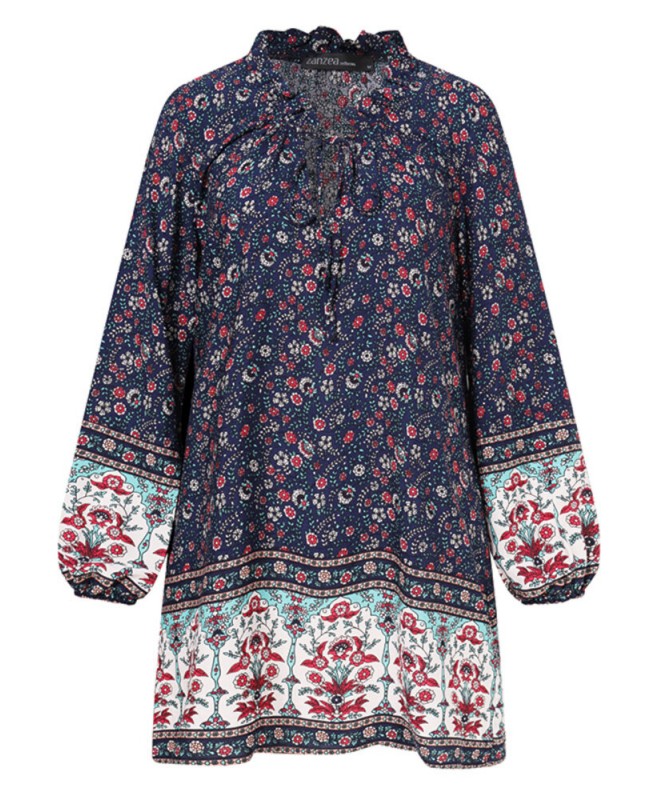 V-Neck Floral Printed Elastic Cuff Leisure Bohemian Dress For Women - White 4XL