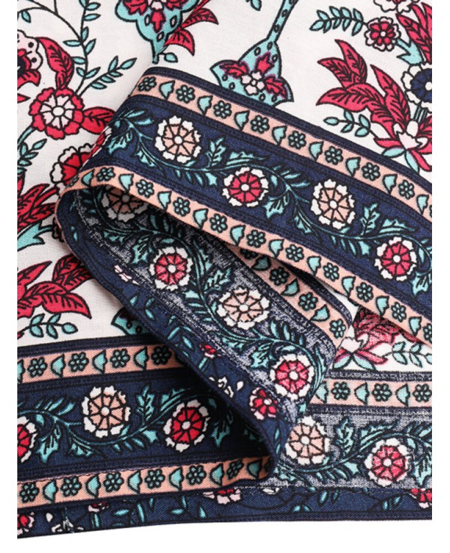 V-Neck Floral Printed Elastic Cuff Leisure Bohemian Dress For Women - White 4XL