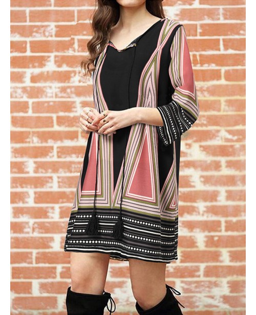 Women V-Neck Knee Length Color Printed Leisure Geo...