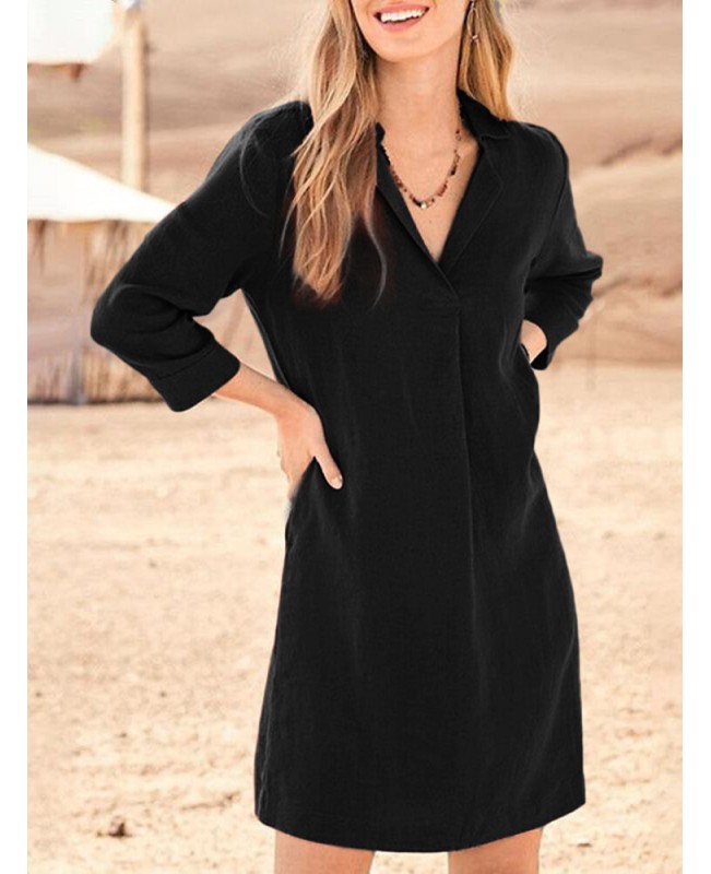 Solid Lapel 3/4 Sleeve Dress For Women - Black S