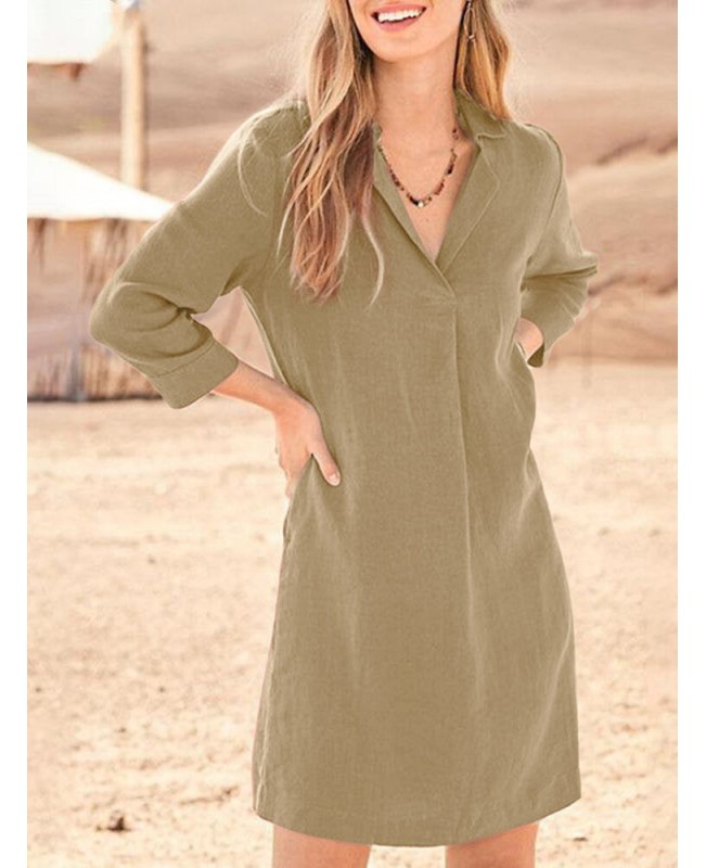 Solid Lapel 3/4 Sleeve Dress For Women - Black S